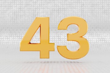 Yellow 3d number 43. Glossy yellow metallic number on metal floor background. Shiny gold metal alphabet with studio light reflections. 3d rendered font character.