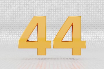 Yellow 3d number 44. Glossy yellow metallic number on metal floor background. Shiny gold metal alphabet with studio light reflections. 3d rendered font character.