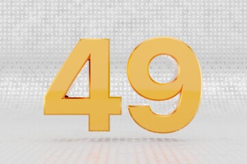 Yellow 3d number 49. Glossy yellow metallic number on metal floor background. Shiny gold metal alphabet with studio light reflections. 3d rendered font character.