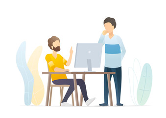 Man working on laptop computer doing business sitting at desk. Coworker or team lead pointing at something on pc screen. Startup project. Vector flat illustration concept on white background.