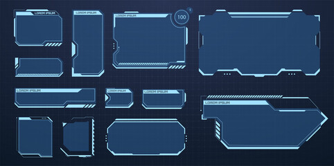 HUD set frames. Futuristic modern user interface elements, hud control panel. High tech screen for video game. Sci-fi concept design. Information call box bars and modern digital info boxes layout