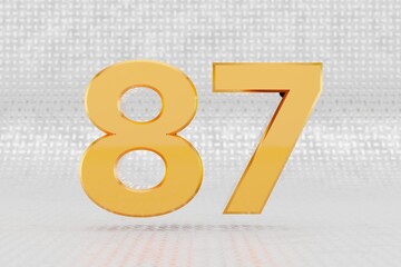 Yellow 3d number 87. Glossy yellow metallic number on metal floor background. Shiny gold metal alphabet with studio light reflections. 3d rendered font character.