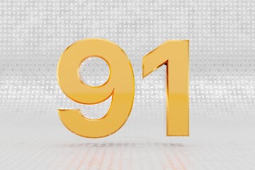 Yellow 3d number 91. Glossy yellow metallic number on metal floor background. Shiny gold metal alphabet with studio light reflections. 3d rendered font character.