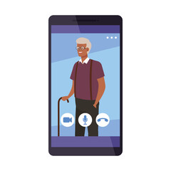 Grandfather in smartphone in video chat design, Call online conference and webcam theme Vector illustration