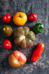 Fresh, ripe multi colored tomatoes on a dark background. Organic food.