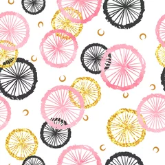Tapeten Seamless pattern with pink, black and golden circles. Vector abstract geometric background with round shapes. © Afanasia