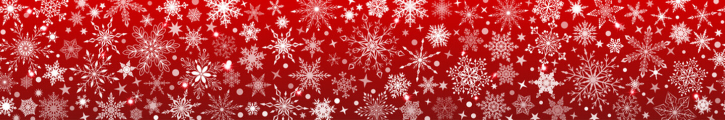 Christmas banner of various complex big and small snowflakes with horizontal seamless repetition, white on red background