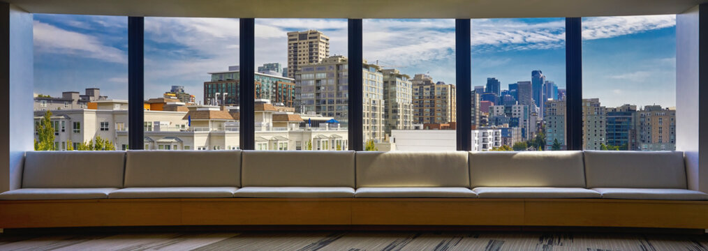 USA, Washington, Seattle, Skyline seen through large window