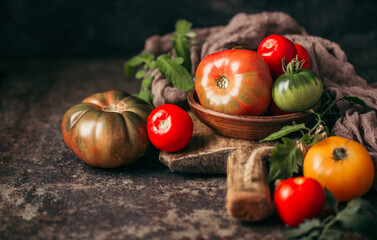 Fresh, ripe multi colored tomatoes on a dark background. Organic food.