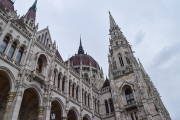Bottom-up view of the Hungarian Parliament building, in Budapest.