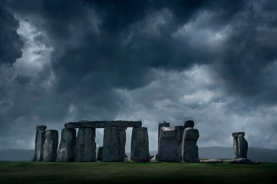 United Kingdom, England, Storm clouds above Stonehenge
