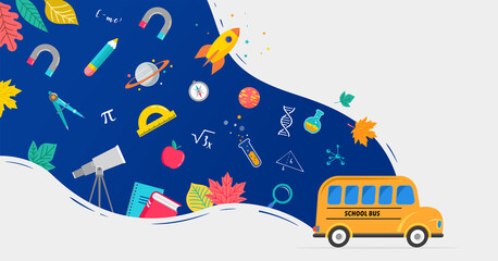 School bus, back to school concept illustration with icons of supplies and books. Vector background design