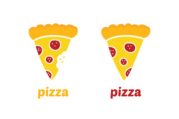 Vector cartoon style pepperoni pizza slice icons, whole and with teeth bite marks. Pizza delivery, fast food design. - 364829047