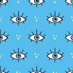 Conceptual vector seamless pattern background with eyes symbols and tears, drops.