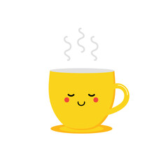 Cute vector cartoon yellow cup character with steaming hot tea, coffee.
