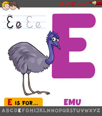letter E worksheet with cartoon emu bird