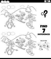 differences task with skiing girls color book page