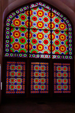 Stained glass window in Dowlat Abad Garden in Yazd, Iran, Middle East, Asia