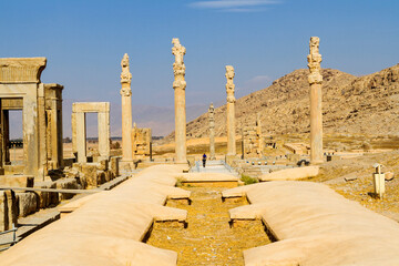 Ruins of Apadana and Tachara Palace behind stairway with bas relief carvings in Persepolis UNESCO...
