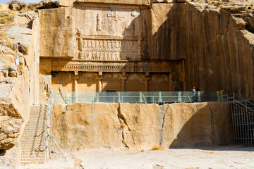 Ruins of Apadana and Tachara Palace behind stairway with bas relief carvings in Persepolis UNESCO...