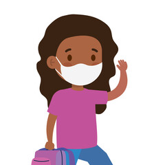 cute girl afro student wearing medical mask to prevent coronavirus covid 19 with school bag vector illustration design