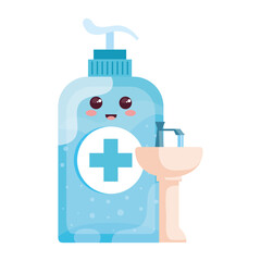 cute bottle disinfection kawaii style with hand wash bathroom vector illustration design