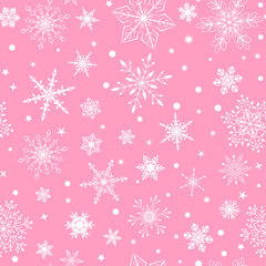 Fototapeta na wymiar Christmas seamless pattern with various complex big and small snowflakes, white on pink background