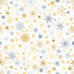 Christmas seamless pattern with various complex big and small snowflakes, gray and yellow on white background