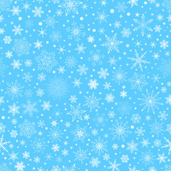 Christmas seamless pattern with various complex big and small snowflakes, white on blue background