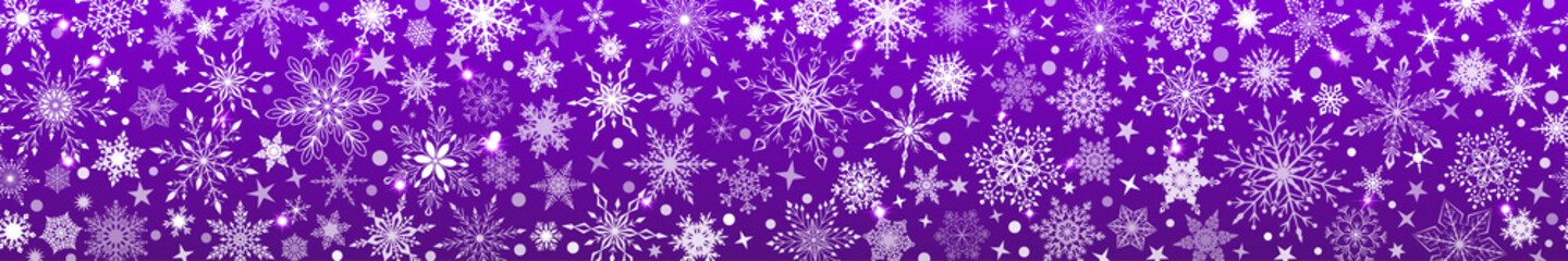 Christmas banner of various complex big and small snowflakes with horizontal seamless repetition, white on purple background