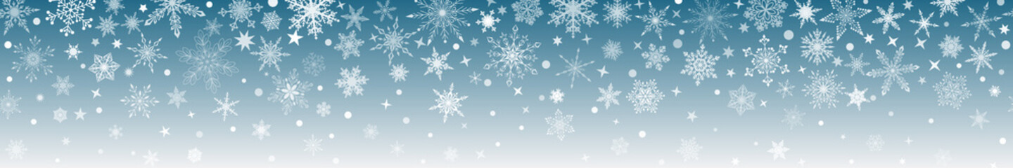 Christmas banner of various complex big and small snowflakes with horizontal seamless repetition, white on light blue background