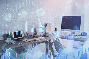 Multi exposure of stock market chart drawing and office interior background. Concept of financial analysis.