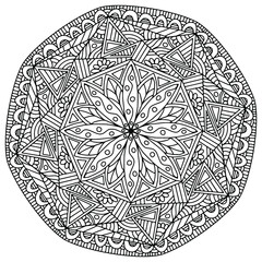 mandala with linear ornaments and folk-style flowers drawn on a white background for coloring, vector, mandala