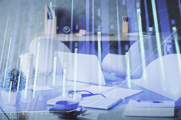 Double exposure of stock market graph drawing and office interior background. Concept of financial analysis.
