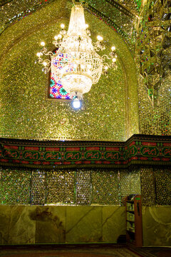 SHIRAZ, IRAN - NOVEMBER 22, 2016: Mirrored interior of Ali Ibn Hamza shrine in Shiraz. Traditional decorative work in a mosaic of mirror glass.