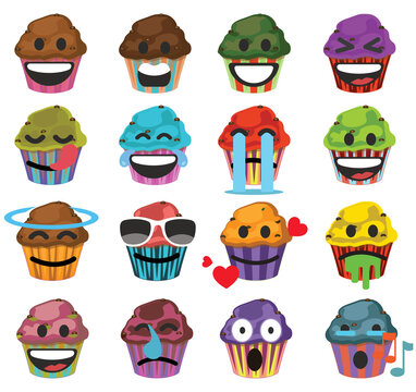 Set of muffins cute cartoon characters, emoji