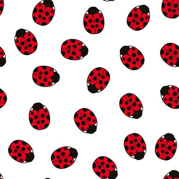 Seamless pattern with cute ladybugs and curly abstract line elements. Vector illustration.