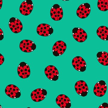 Seamless pattern with cute ladybugs and curly abstract line elements. Vector illustration.