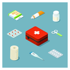 Vector isometric illustration of first aid kit with medical plaster, tablets, capsules, bandage, thermometer.