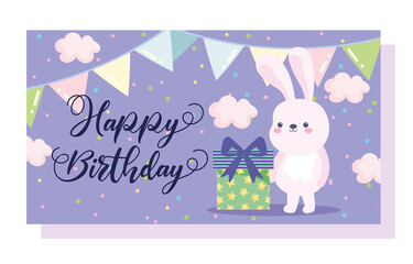 happy birthday, little rabbit gift box pennants cartoon celebration decoration card