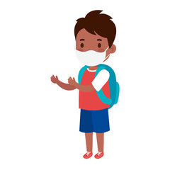 cute student boy afro wearing medical mask to prevent coronavirus covid 19 with school bag vector illustration design