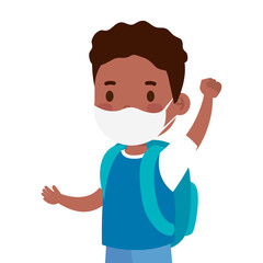 cute student boy afro wearing medical mask to prevent coronavirus covid 19 with school bag vector illustration design