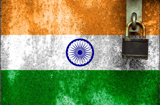 Flag of india is in texture. Template. Coronavirus pandemic. Countries are closed. Locks.
