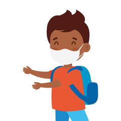 cute student boy afro wearing medical mask to prevent coronavirus covid 19 with school bag vector illustration design