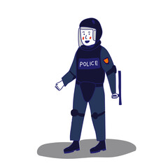 Obraz na płótnie Canvas Uniformed police officer standing with a shield and a baton on a white background in cartoon style. Vector illustration with a blue line.