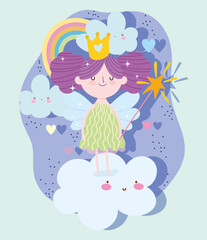 Obraz na płótnie Canvas little fairy princess with magic wand on clouds rainbow tale cartoon