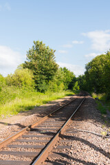 Obraz premium Railway, train tracks going through the countryside. Beautiful sunlight, shadows and nature. Be ready for a peaceful journey. Vertical shot.
