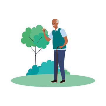Grandfather at park with tree design, Old man male person father grandparents family senior and people theme Vector illustration
