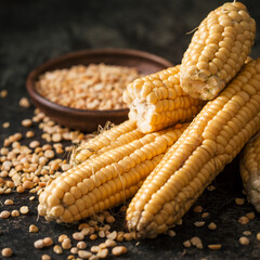Ripe corn with pea seed on dark background.