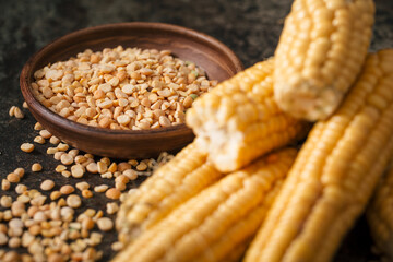 Ripe corn with pea seed on dark background.